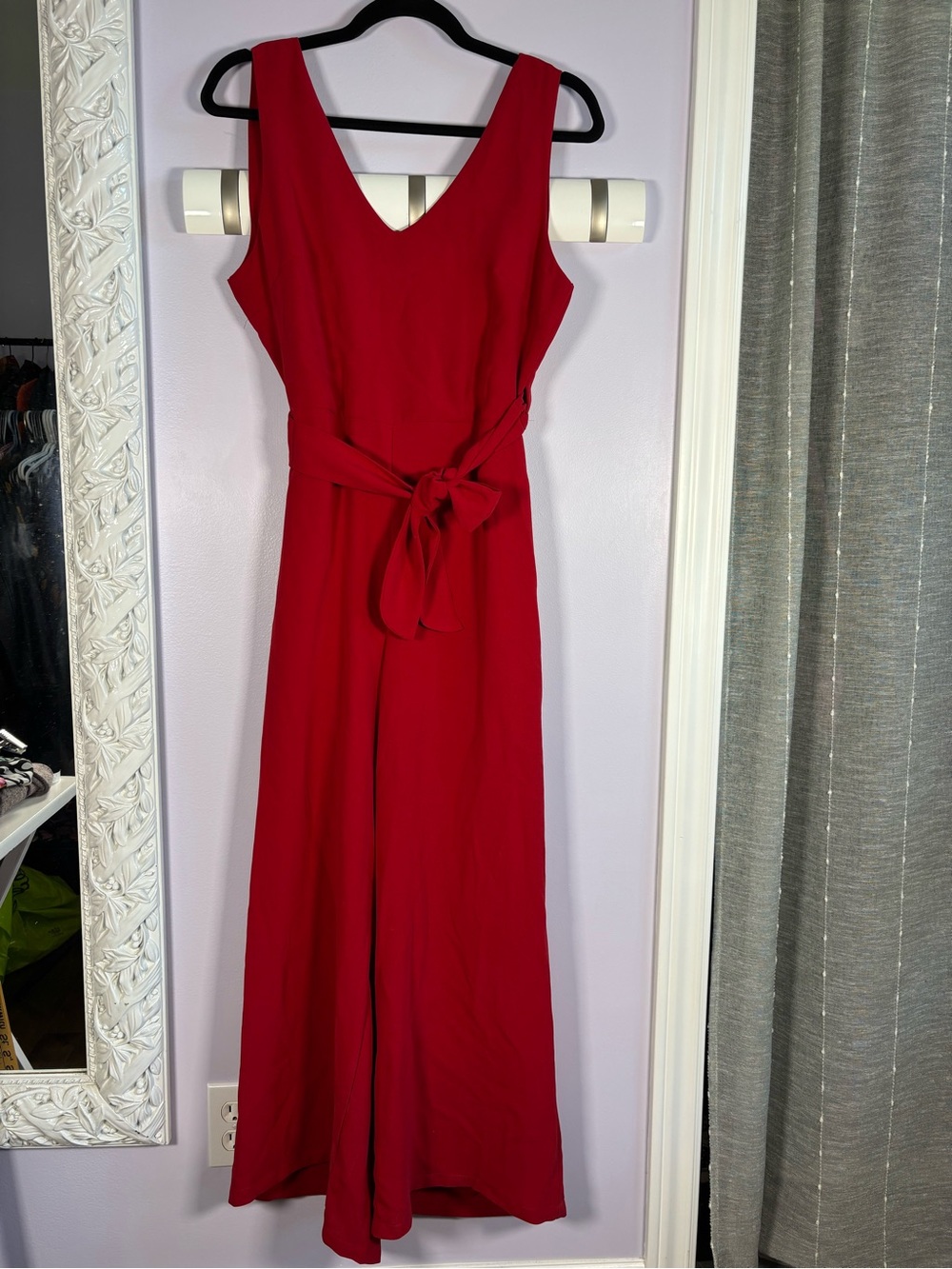 Lush Red Sleeveless V-Neck Maxi Dress with Waist Tie